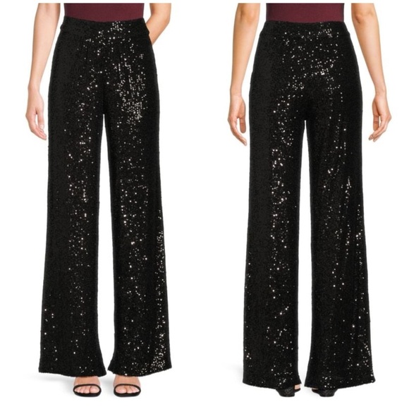 New Ramy Brook Lavenia Sequin Wide Leg Pants Black Sparkle Party Sz 6 - Picture 1 of 11